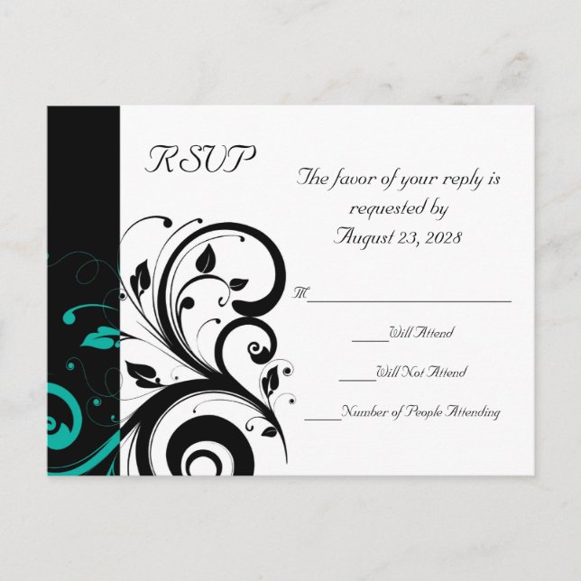 Postal De Invitación Negro y blanco con Verde azulado giro invertido RS (Anverso)