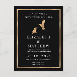 Postal De Invitación Negro y Oro con pájaros zumbadores Boda