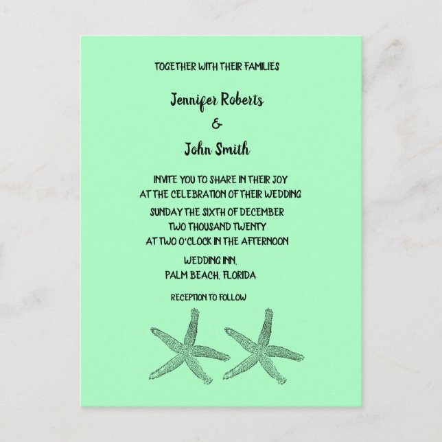 Postal De Invitación Neon Mint 2020 Patrones Starfish Elegante Boda (Anverso)