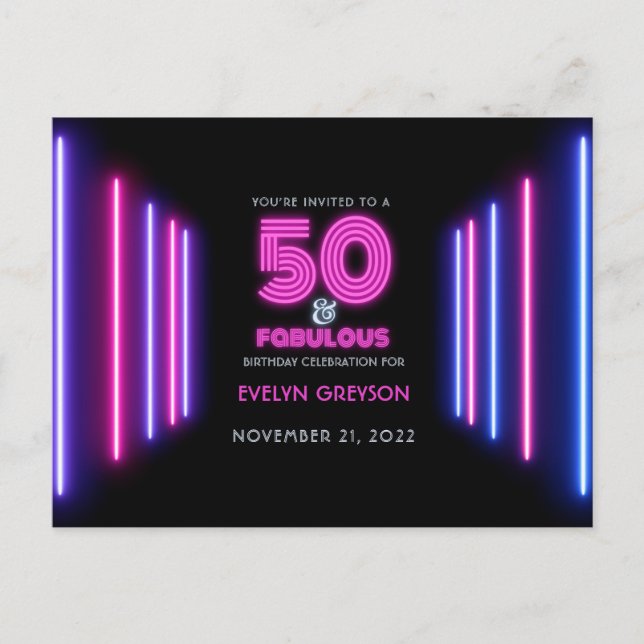 Postal De Invitación Neón rosa 50 y fabulosa fiesta de cumpleaños 50 (Anverso)