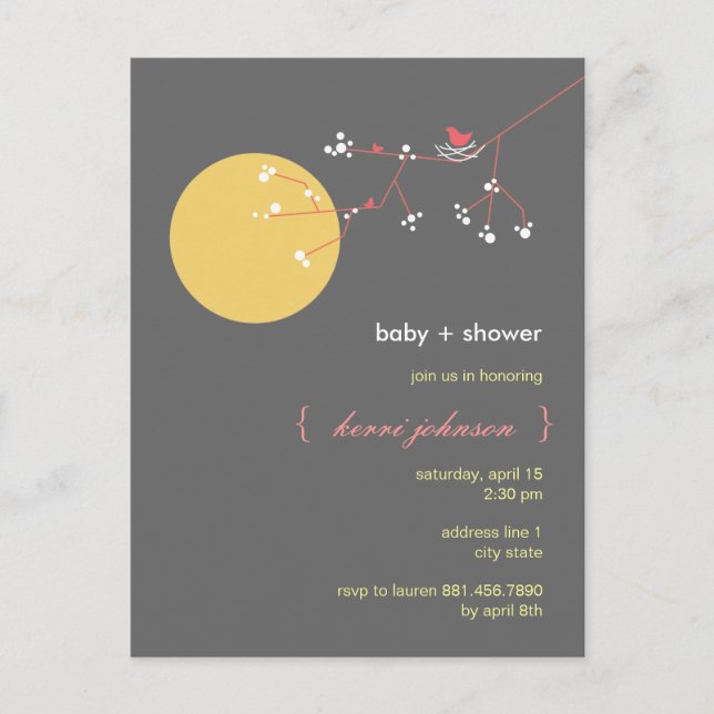 Postal De Invitación Nesting Bird Family Tree Whimsical Baby Shower (Anverso)