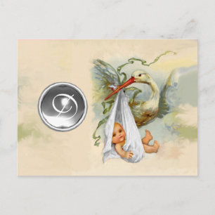 POSTAL DE INVITACIÓN NEUTRAL WHITE STORK BABY SHOWER GEMSTONE MONOGRAM