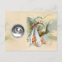 POSTAL DE INVITACIÓN NEUTRAL WHITE STORK BABY SHOWER GEMSTONE MONOGRAM