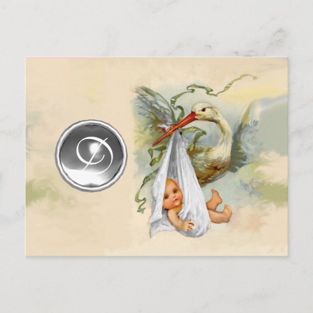 POSTAL DE INVITACIÓN NEUTRAL WHITE STORK BABY SHOWER GEMSTONE MONOGRAM (Anverso)