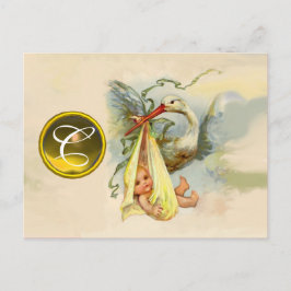 POSTAL DE INVITACIÓN NEUTRAL YELLOW STORK BABY SHOWER GEMSTONE MONOGRAM