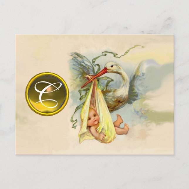 POSTAL DE INVITACIÓN NEUTRAL YELLOW STORK BABY SHOWER GEMSTONE MONOGRAM (Anverso)