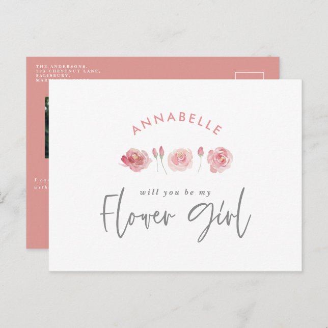 Postal De Invitación Niña de flores chic floral acuarela rosa femenina (Anverso / Reverso)