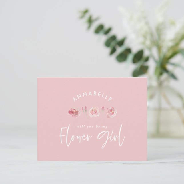 Postal De Invitación Niña flor rosa delicada acuarela floral chic (Anverso de pie)