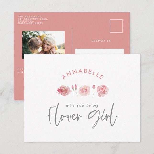 Postal De Invitación Niña flor rosa delicada acuarela floral chic (Anverso / Reverso)