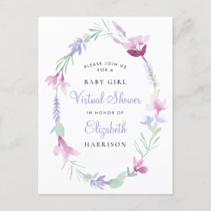 Postal De Invitación Niña virtual ducha color morado de agua floral