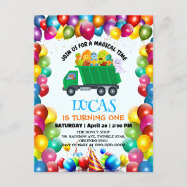Postal De Invitación Niño de cumpleaños de camión de basura de Dinosaur