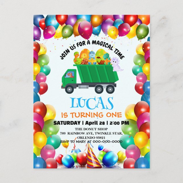 Postal De Invitación Niño de cumpleaños de camión de basura de Dinosaur (Anverso)