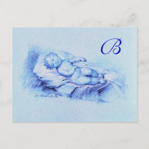 POSTAL DE INVITACIÓN NIÑO DORMIDO, BABY SHOWER AZUL MONOGRAMA