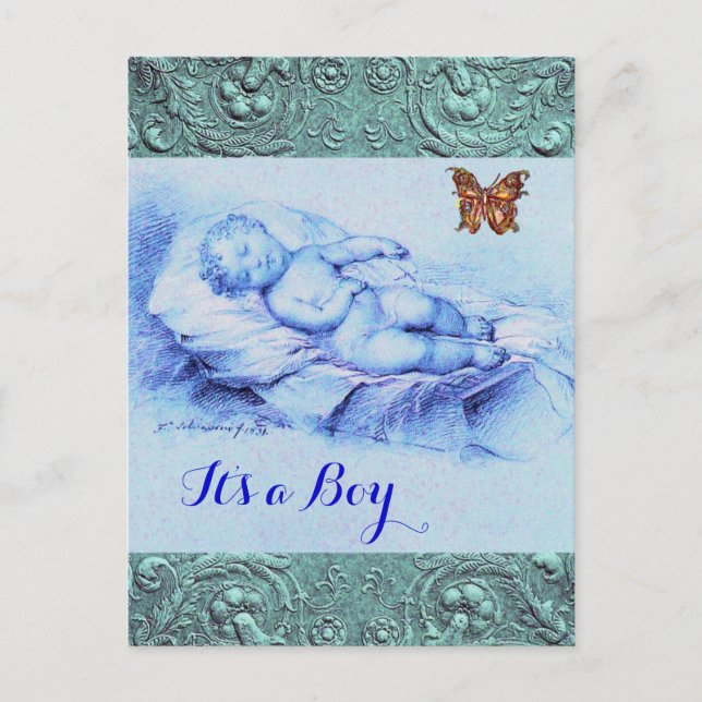 POSTAL DE INVITACIÓN NIÑO DORMIDO, MARIPOSA, BABY SHOWER AZUL FLORAL (Anverso)