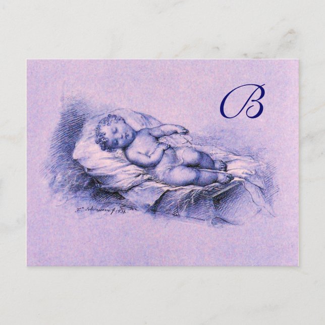POSTAL DE INVITACIÓN NIÑO DORMIENTE, BABY SHOWER AZUL ROSA MONOGRAMA (Anverso)