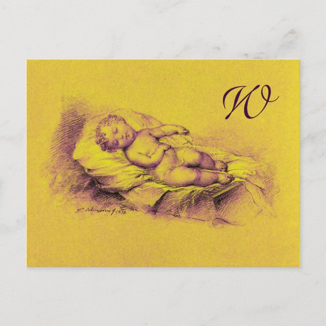 POSTAL DE INVITACIÓN NIÑO DORMIENTE, MONOGRAMA BABY SHOWER AMARILLO ORO (Anverso)