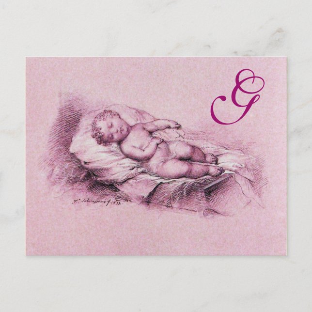 POSTAL DE INVITACIÓN NIÑO DURMIENDO, MONOGRAMA BABY SHOWER DE ROSA (Anverso)