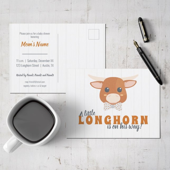 Postal De Invitación Niño Longhorn Naranja quemado Baby Shower (Subido por el creador)