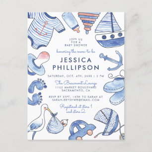 Postal De Invitación Niño pequeño marinero  Baby Shower Náutico Azul Co