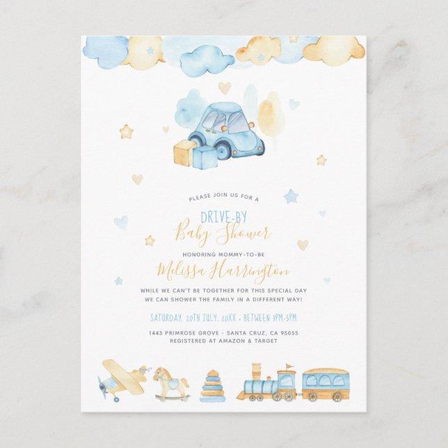 Postal De Invitación Niño Pintado A Mano Juguetes En Baby Shower (Anverso)