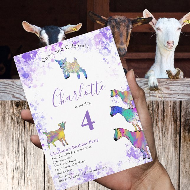 Postal De Invitación Niños de cabra 5 años foto morada (Cute goats farm animal watercolor colorful 4th birthday party budget invitation postcard )