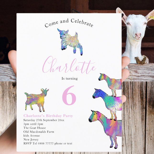 Postal De Invitación Niños de cabra Fiesta de cumpleaños Rosa (Colorful Farm animal art cute goats themed 6th birthday party invitation )