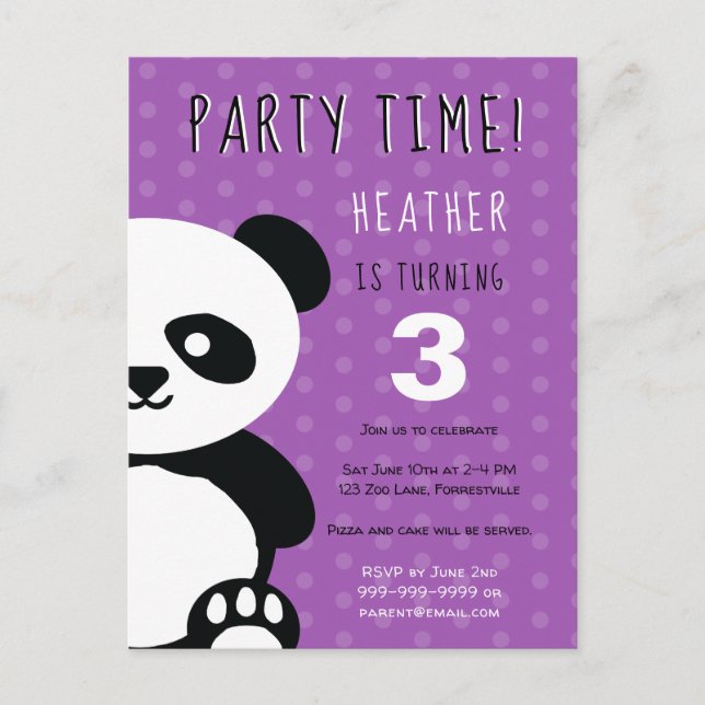 Postal De Invitación Niños Personalizados Panda Kawaii Cumpleaños Púrpu (Anverso)