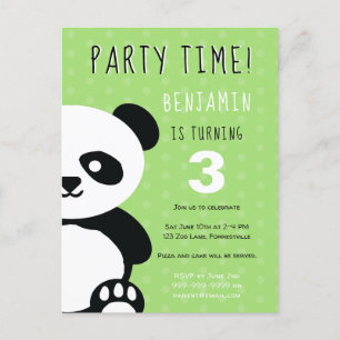 Postal De Invitación Niños Personalizados Panda Kawaii Cumpleaños Verde