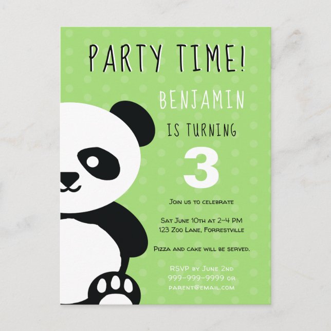 Postal De Invitación Niños Personalizados Panda Kawaii Cumpleaños Verde (Anverso)