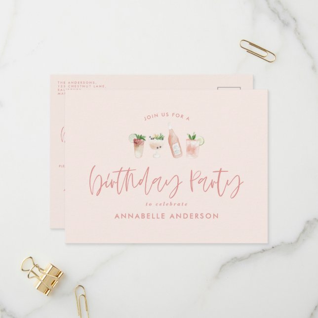 Postal De Invitación Noche de cumpleaños elegante para un cóctel rosado (Anverso/Reverso In Situ)