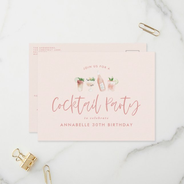 Postal De Invitación Noche de cumpleaños elegante para un cóctel rosado (Anverso/Reverso In Situ)