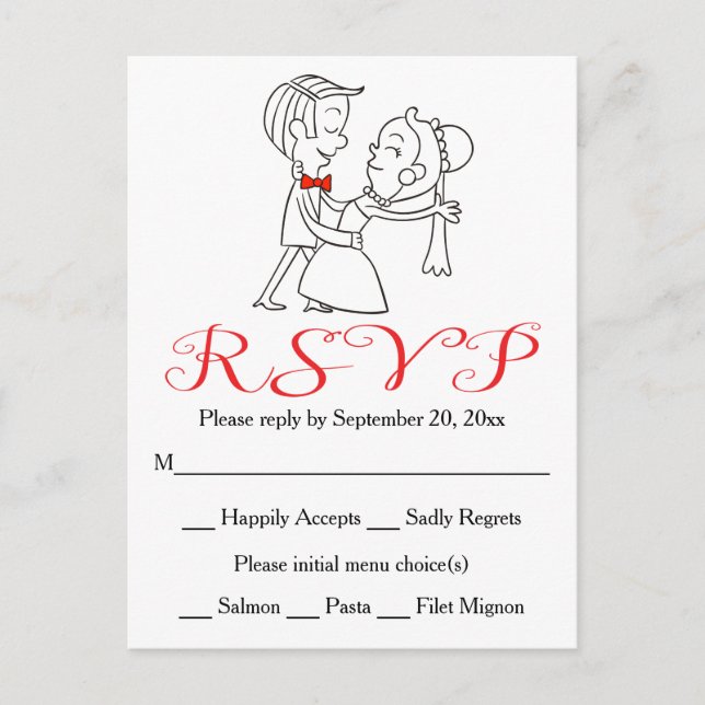 Postal De Invitación Novia y Boda blanco y negro de Red RSVP (Anverso)