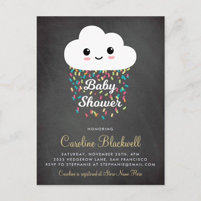Postal De Invitación Nube y Confetti | Chalkboard Baby Shower (Anverso)