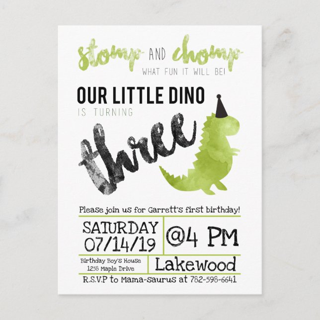 Postal De Invitación Nuestro pequeño niño Dino Birthday Green Dinosaur  (Anverso)