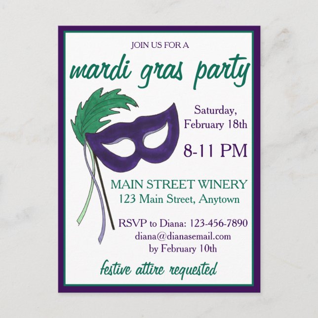 Postal De Invitación Nueva Orleans Mardi Gras Masquerade Mask Ball Fies (Anverso)
