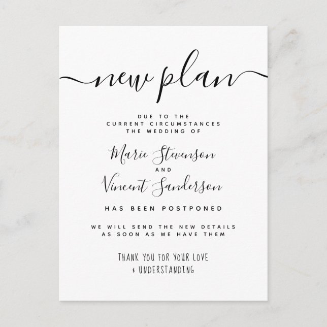Postal De Invitación Nuevo plan Boda pospuesto en blanco y negro (Anverso)
