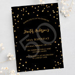 Postal De Invitación Número de estrellas de oro negro de cumpleaños<br><div class="desc">Una glamorosa invitación a la fiesta de cumpleaños para él y ella. Un fondo negro decorado con estrellas de oro falsas. Personalice y agregue un nombre y detalles del fiesta. Texto dorado. Número de edad como marca de agua.</div>