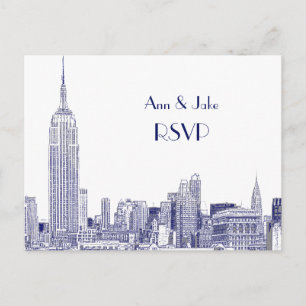 Postal De Invitación NYC Skyline 01 Grabado Blanco RSVP 1Azul