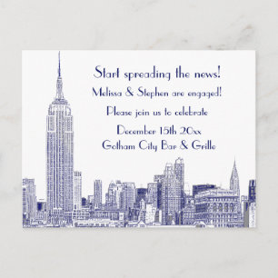 Postal De Invitación NYC Skyline Grabado 01 Fiesta de Compromiso Azul