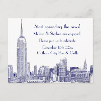 Postal De Invitación NYC Skyline Grabado 01 Fiesta de Compromiso Azul