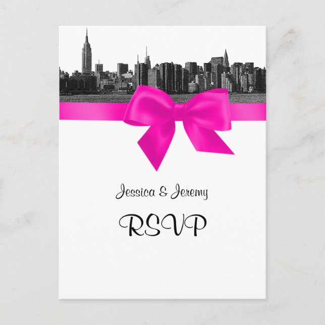 Postal De Invitación NYC Wide Skyline Etch BW Hot Pink RSVP 1 (Anverso)