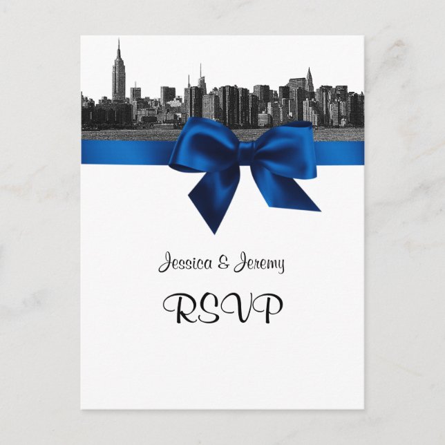 Postal De Invitación NYC Wide Skyline Etched BW Royal Blue RSVP 1 (Anverso)