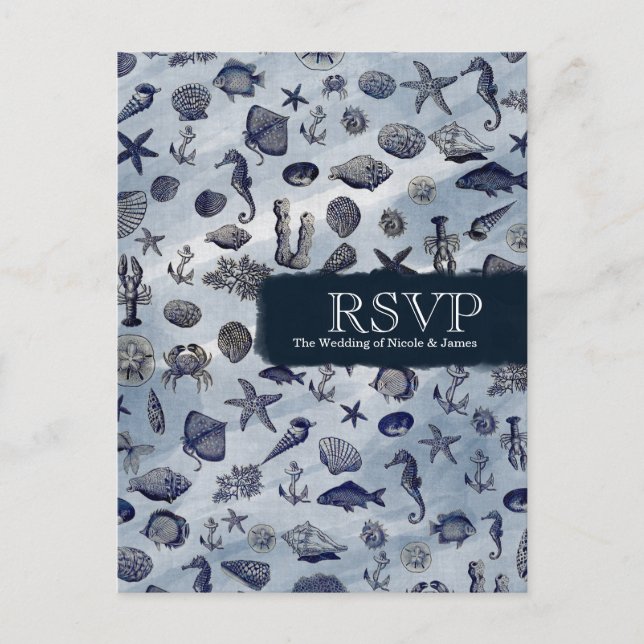 Postal De Invitación Ocean Sea Life Nautical Seasheles Beach RSVP (Anverso)