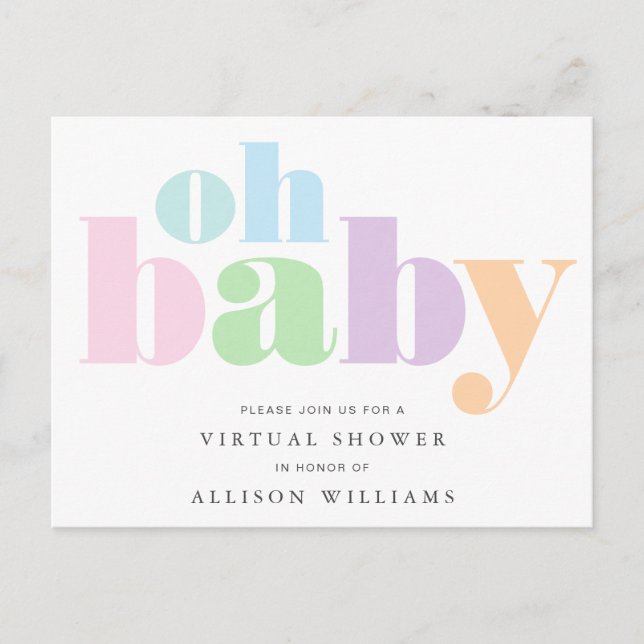 Postal De Invitación Oh Baby Pastel Typography Virtual Baby Shower (Anverso)