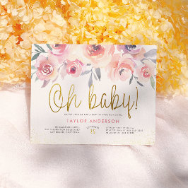 Postal De Invitación Oh Baby Watercolor Rosas Greenery Gold Baby Shower