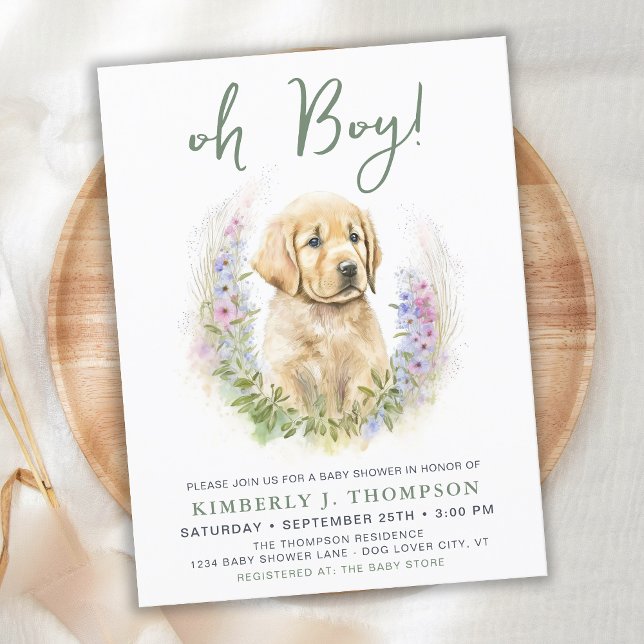 Postal De Invitación Oh Boy Puppy Dog Moderno Sage Green Baby Shower (Subido por el creador)