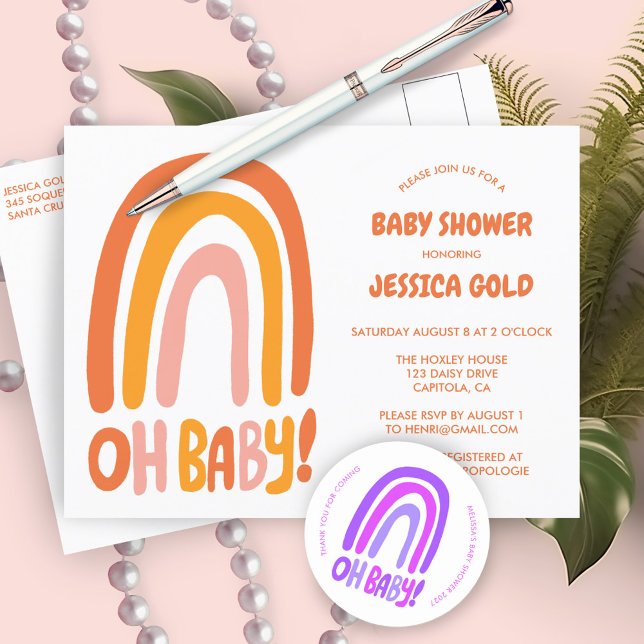 Postal De Invitación OH PERSONALIZADO arcoiris Naranja dulce BABY SHOWE (OH BABY SHOWER Sweet Orange Rainbow CUSTOM Baby Shower SPrinkle Invitation Postcard
)