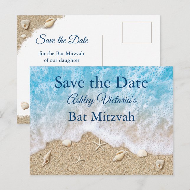 Postal De Invitación Olas de Playa Azul Bat Mitzvah Guardar la Fecha (Anverso / Reverso)