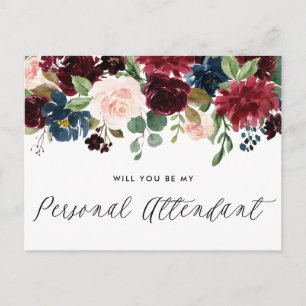 Postal De Invitación Operador personal Burgundy & Blue Floral Garland