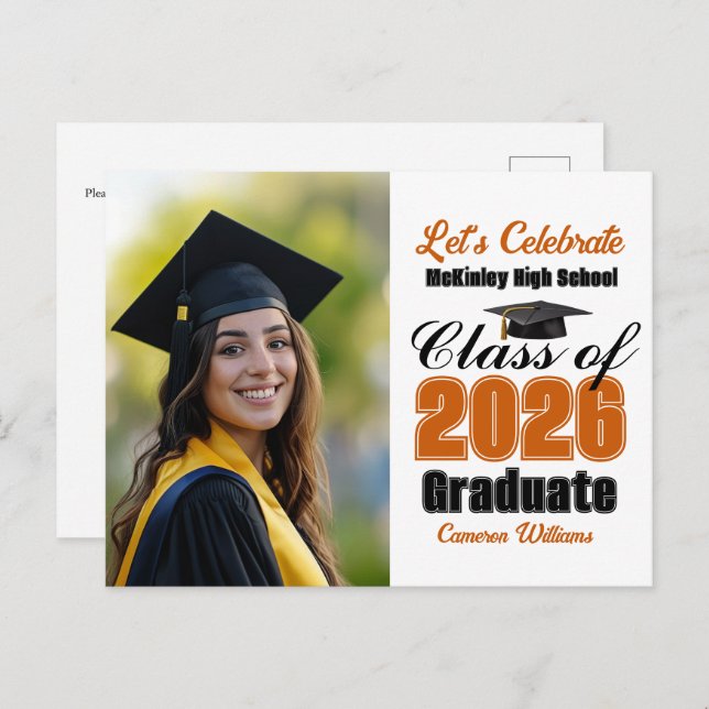 Postal De Invitación Orange Class of 2026 Photo Graduation Party (Anverso / Reverso)